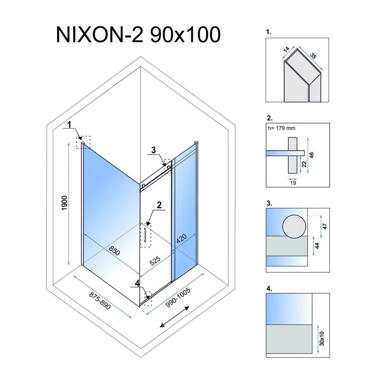 Кабина для душа прямоугольная угловая правая без поддона REA NIXON 90x100x190см прозрачное стекло 8мм профиль хром REA-K5011 + REA-K7440