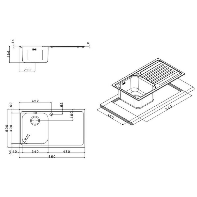 Кухонная мойка стальная прямоугольная APELL 500мм x 860мм микротекстура 0.6мм с сифоном VE861IRAC
