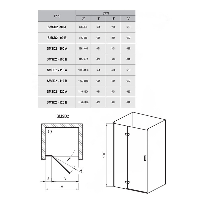 Дверь стеклянная для душевой ниши распашная двухсекционная RAVAK SmartLine SMSD2-120 B-R 190x120см прозрачное стекло 6мм профиль хром 0SPGBA00Z1