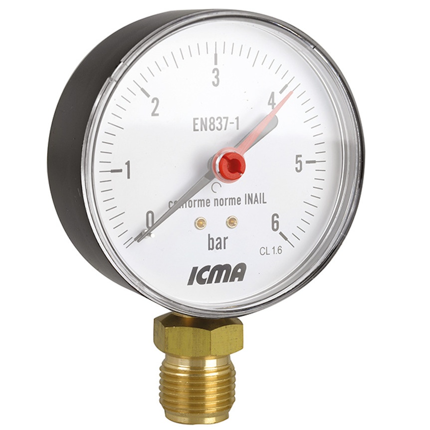 Манометр для тиску води ICMA 255 на 6 бар з нижнім підключенням 1/2" корпус Ø80 мм 91255AD06