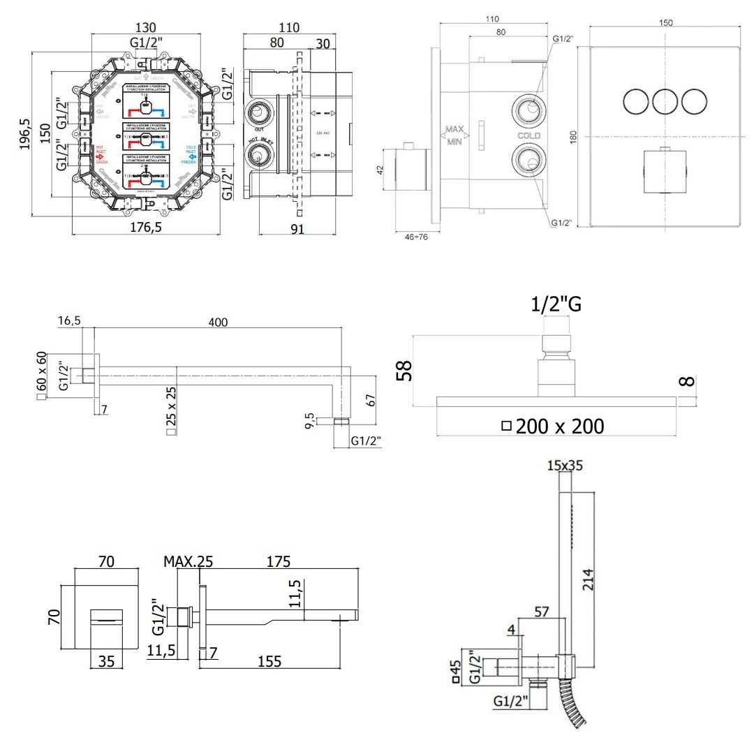Душова система прихованого монтажу PAFFONI Kit Compact-T Quadro B Nero із верхнім душем та виливом латунна чорна