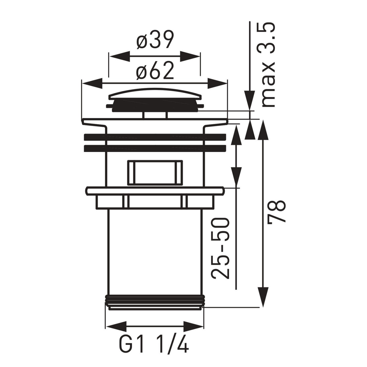 Донний клапан натискний для раковини FERRO 39мм із переливом латунь 1 1/4" глянцевий хром S283