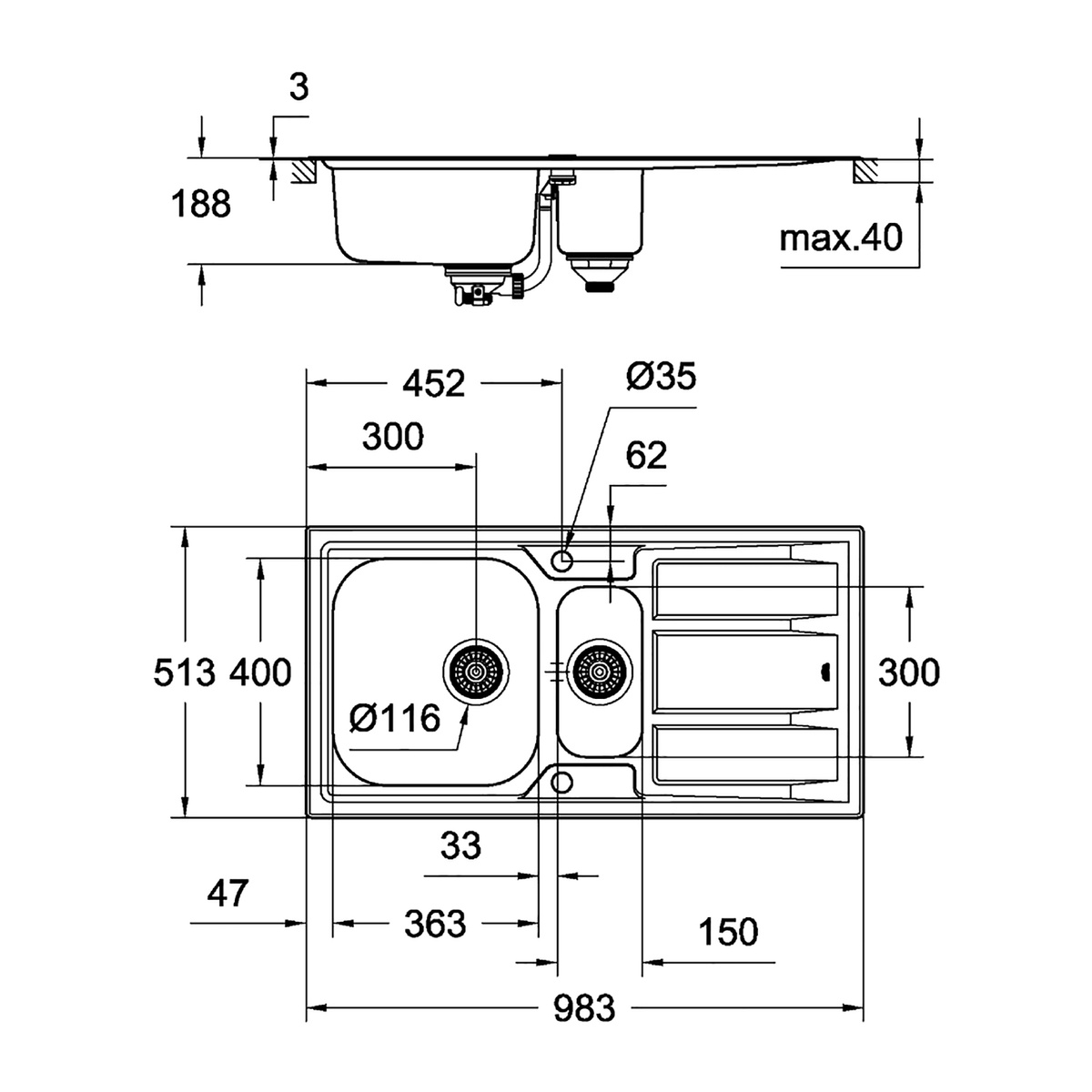 Мойка для кухни GROHE из нержавеющей стали Sink K400+ 983x513мм прямоугольная врезная матовая 0.7мм на полторы чаши с сифоном 31569SD0