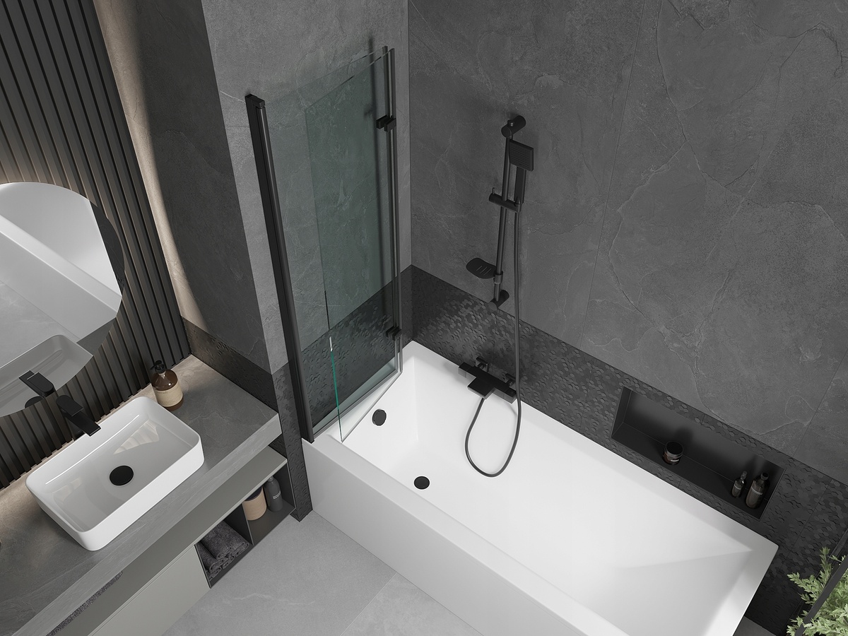 Шторка для ванної скляна MEXEN Castor універсальна дві секції складна 150x100см прозора 6мм профіль чорний MEX-892-100-002-70-00