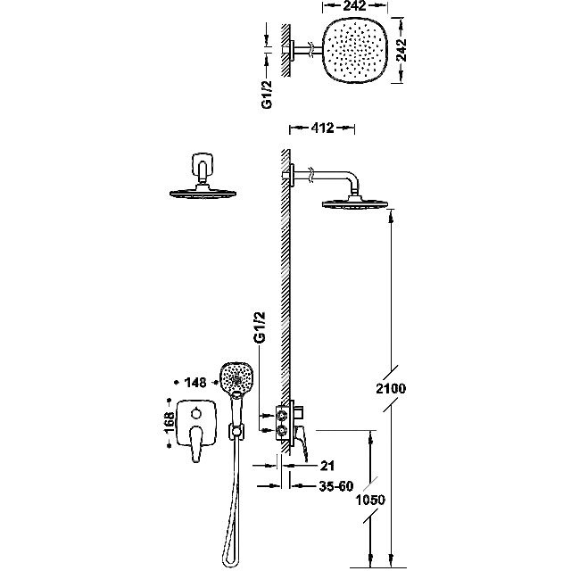 Душевая система скрытого монтажа TRES CANIGO с верхним душем латунная хром 21828004
