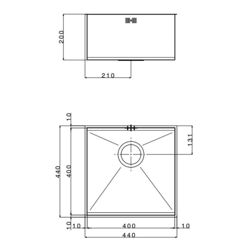 Мийка на кухню металева квадратна врізна під стільницю APELL 440мм x 440мм матова 1мм із сифоном FEM40UBC