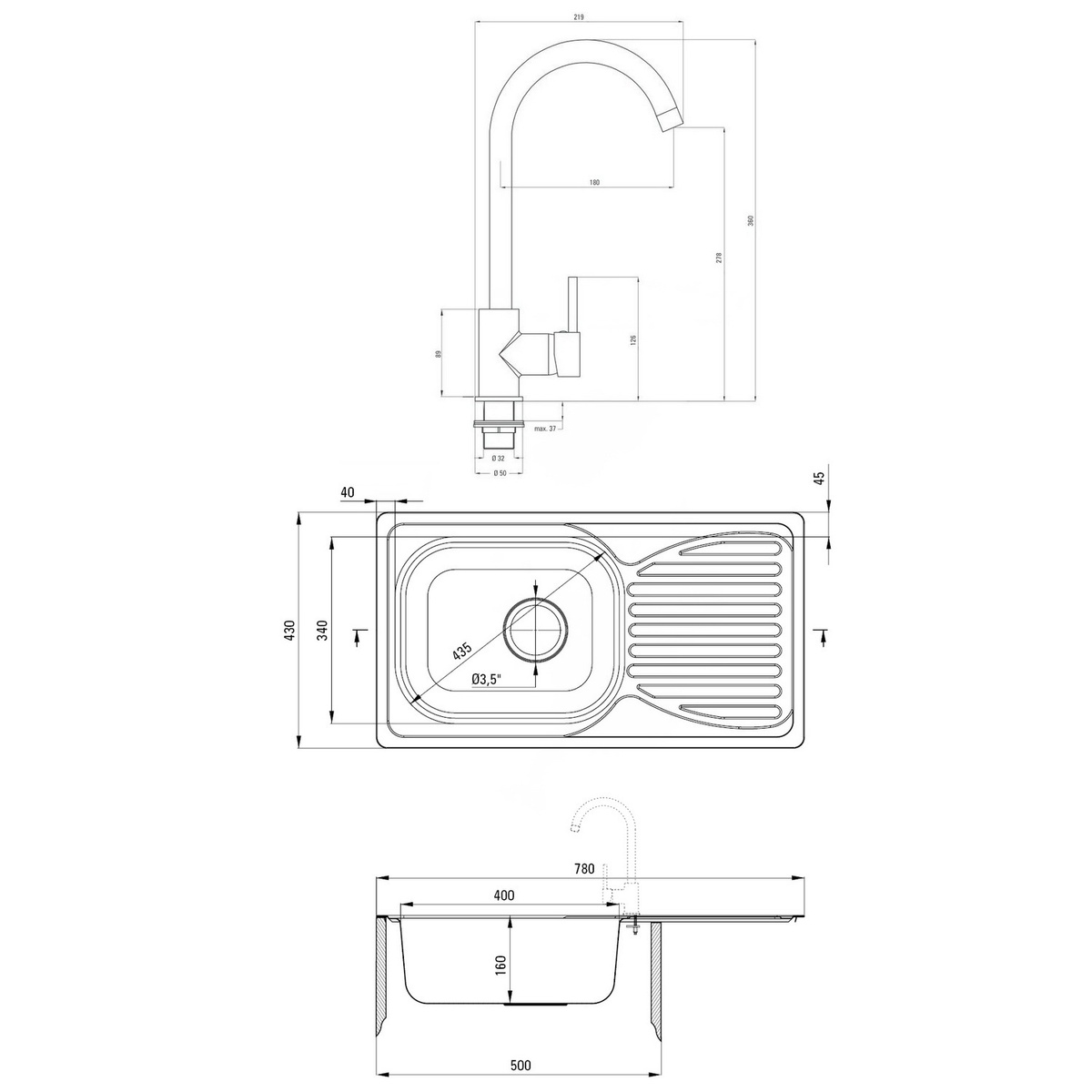 Мойка для кухни из нержавеющей стали прямоугольная DEANTE 780x430x160мм матовая 0.5мм с сифоном в комплекте ZENB0113
