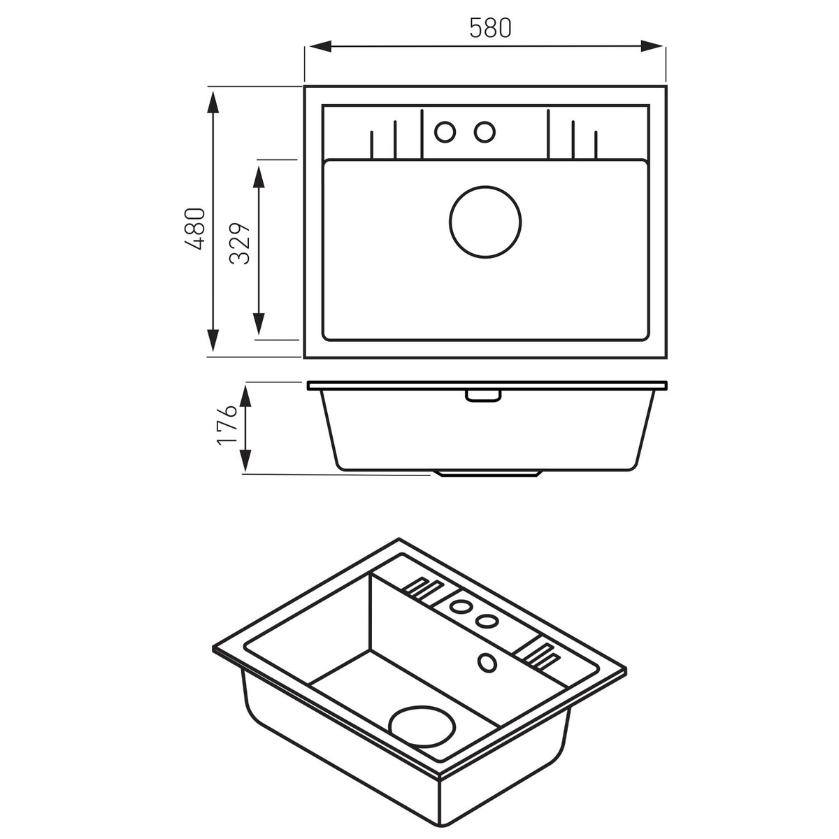 Мийка для кухні гранітна прямокутна FERRO Mezzo II 580x480x176мм із сифоном сіра DRGM1/48/58GA