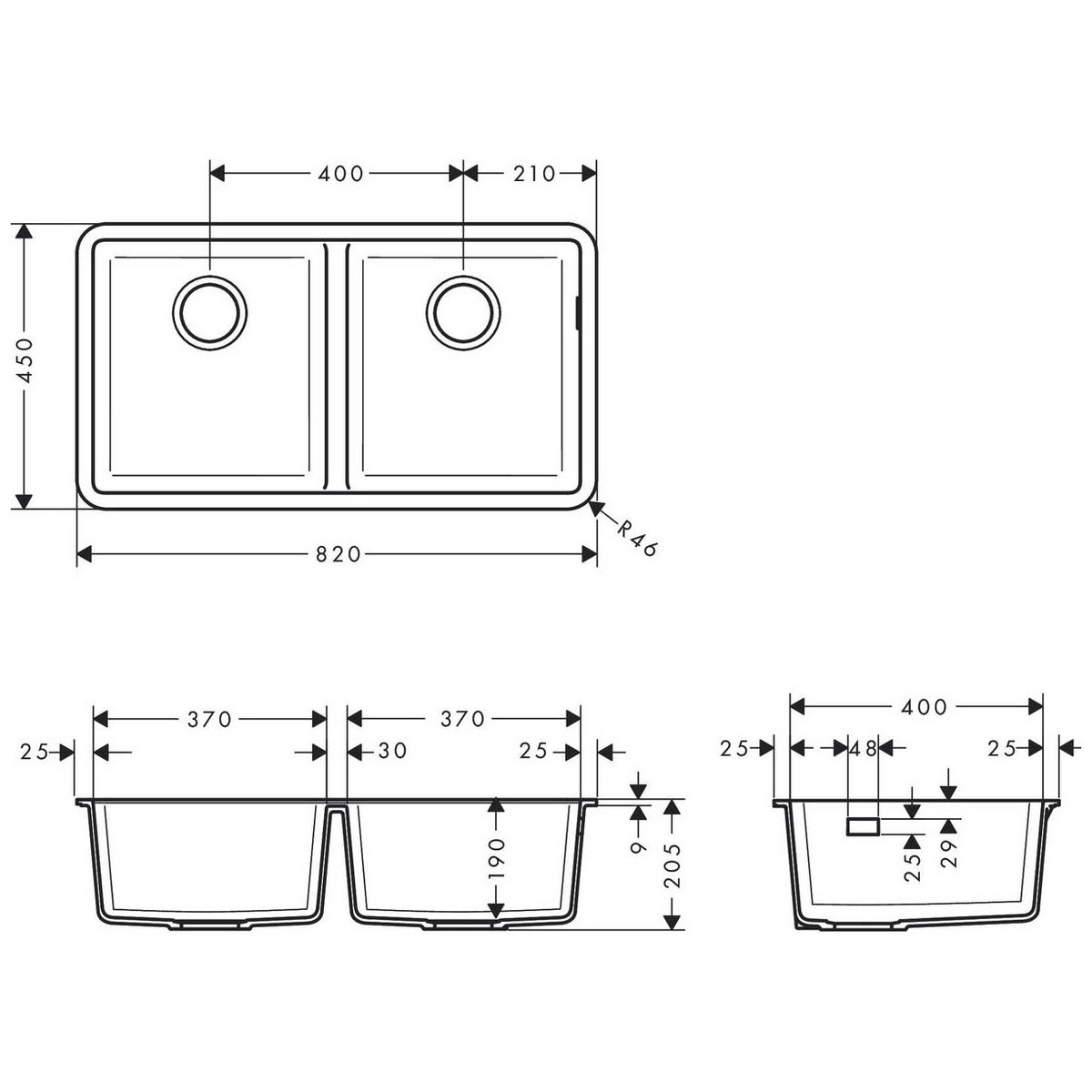 Мойка для кухни гранитная прямоугольная HANSGROHE S51 820x450x205мм без сифона на две чаши черная 43434170