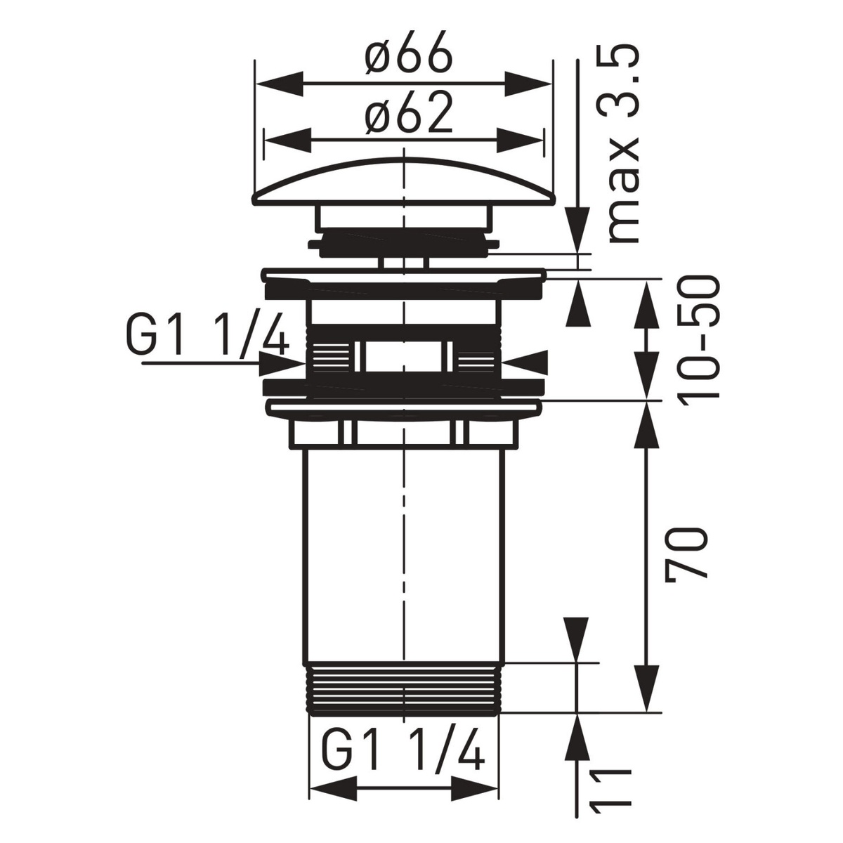 Донный клапан нажимной для раковины FERRO 66мм с переливом латунь 1 1/4" глянцевый хром S285