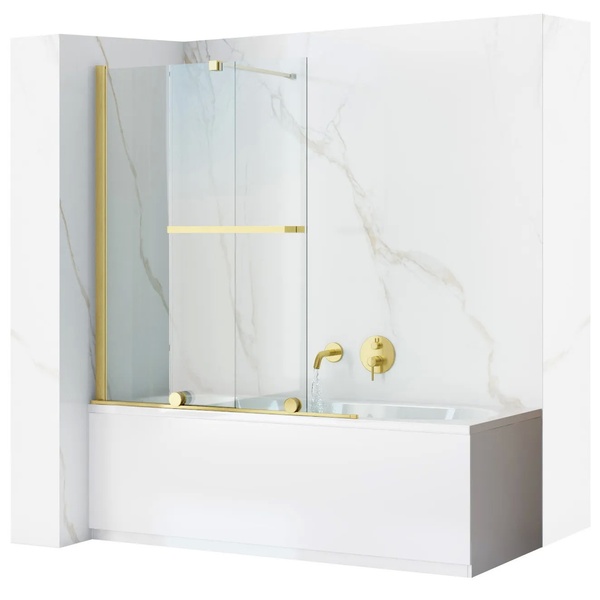 Шторка для ванны стеклянная REA Fabian универсальная двухсекционная раздвижная 140x100см прозрачная 5мм профиль золотой REA-K6527