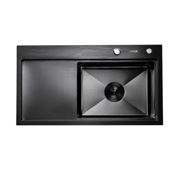 Мойка для кухни из нержавеющей стали прямоугольная PLATINUM Handmade PVD 780x430x220мм матовая 3мм черная с сифоном PLS-A32274