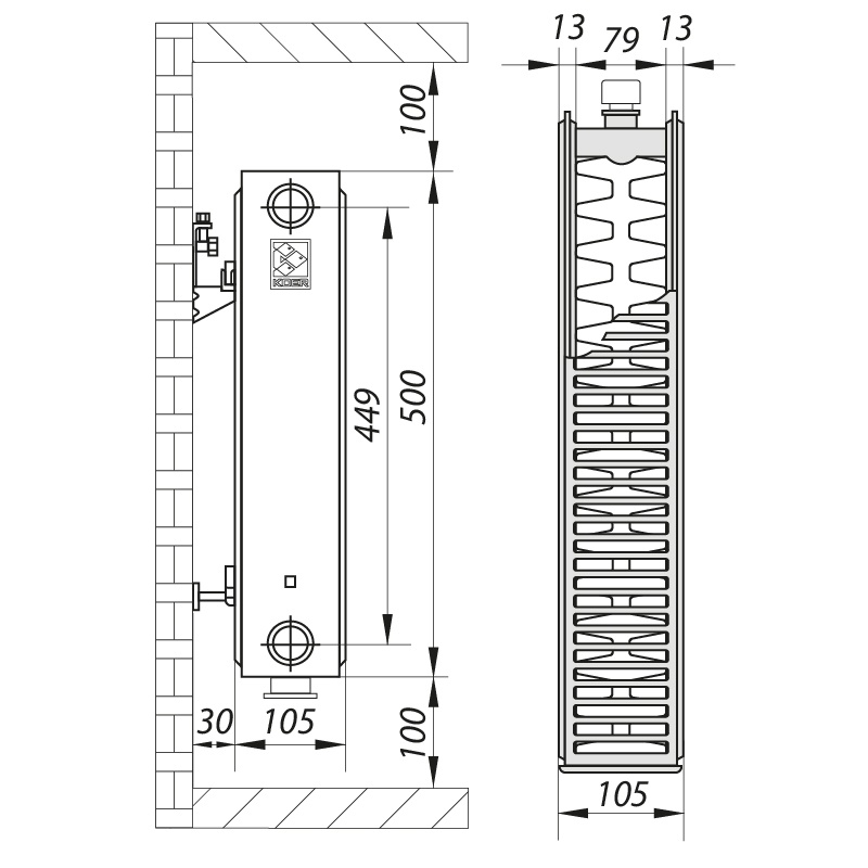 Стальной радиатор отопления KOER 500x400 мм нижнее подключение класс 22 RAD082