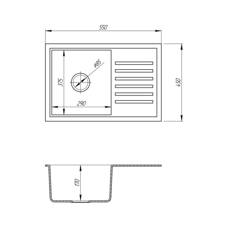 Кухонная мойка гранитная прямоугольная COSH 550мм x 450мм серый с сифоном COSH5546K210