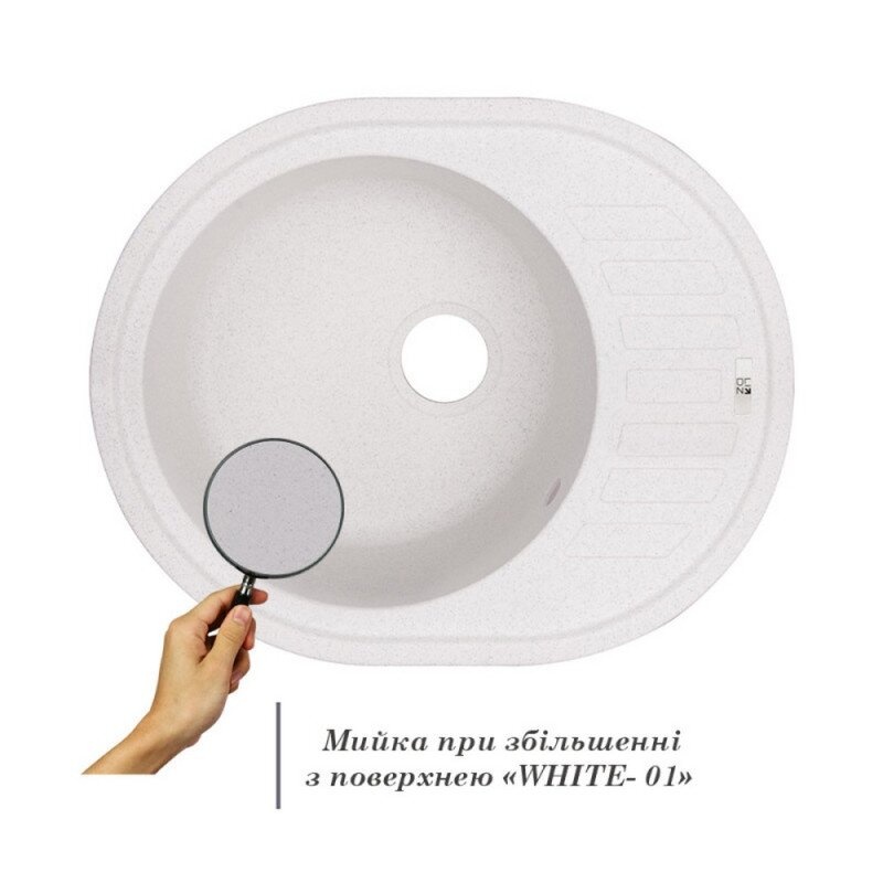 Кухонна мийка гранітна овальна LIDZ WHI-01 500мм x 620мм білий без сифону LIDZWHI01620500200