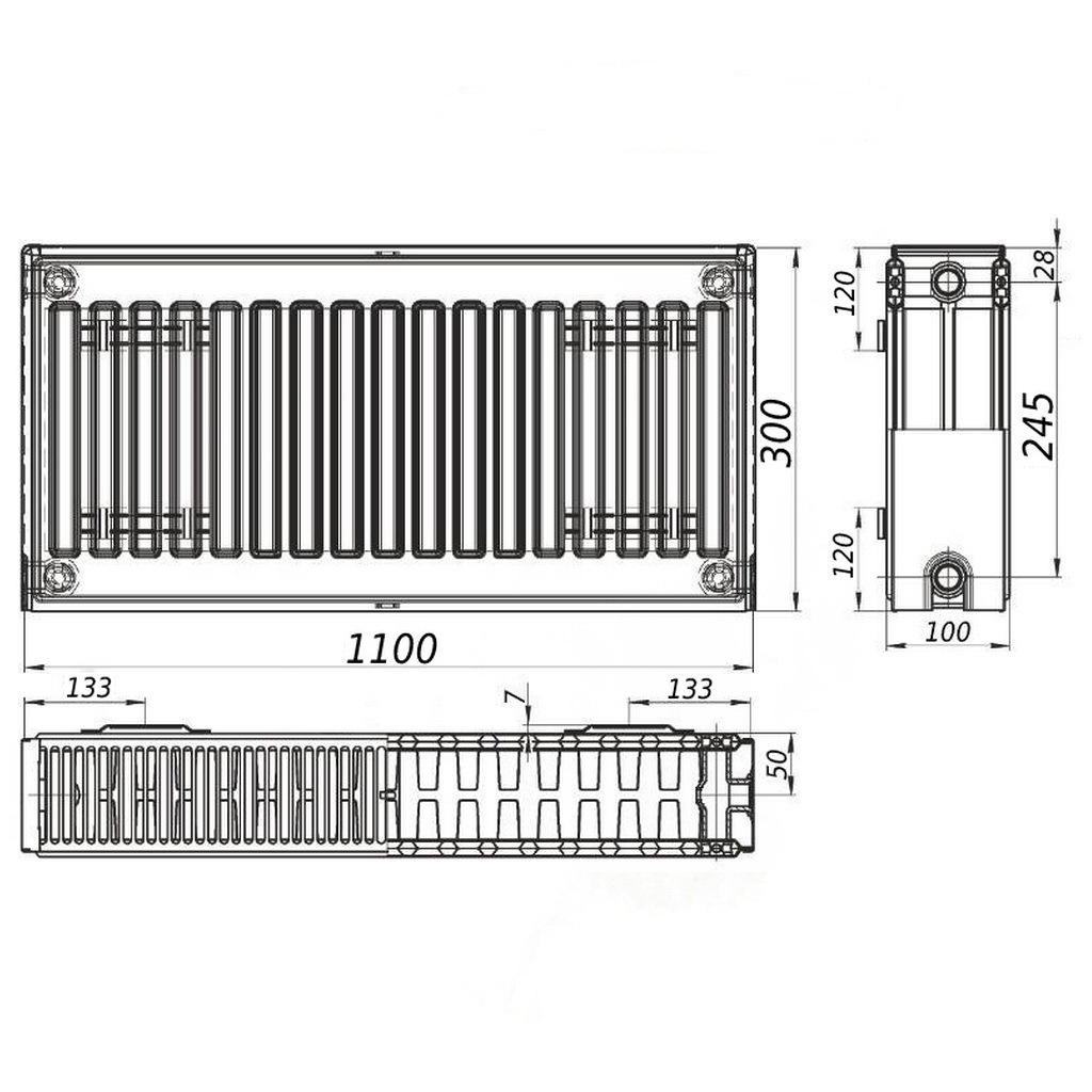 Стальной панельный радиатор отопления KALITE 300x1100 мм боковое подключение класс 22 000024139
