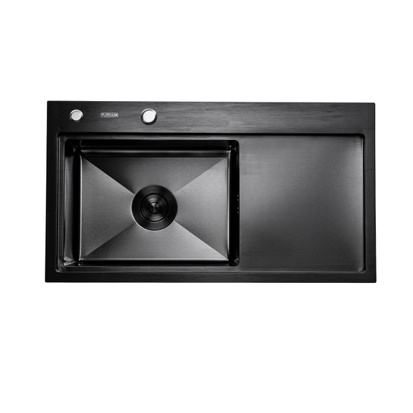 Мойка для кухни из нержавеющей стали прямоугольная PLATINUM Handmade PVD 780x430x220мм матовая 3мм черная с сифоном PLS-A32275