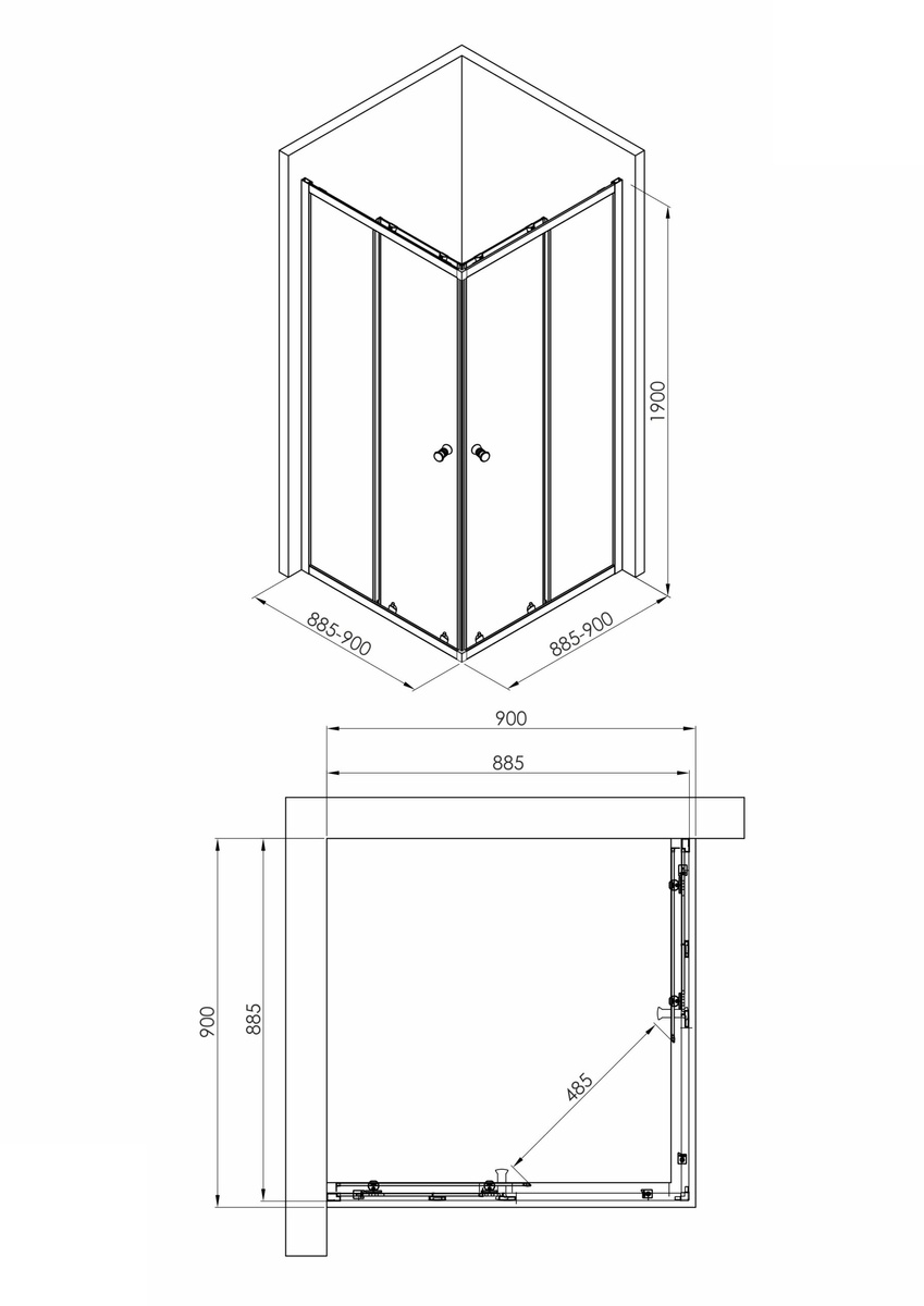 Душова кабіна квадратна VOLLE CADIZ дводверна без піддону 90x90x190см прозора 5мм профіль хром 1039.124501