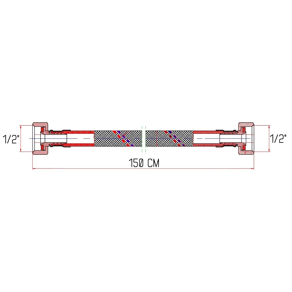 Шланг водяной для подключения SANDI FORTE вн-вн 1/2"x1/2" 150 см нержавеющая оплетка с силиконом SF381W150