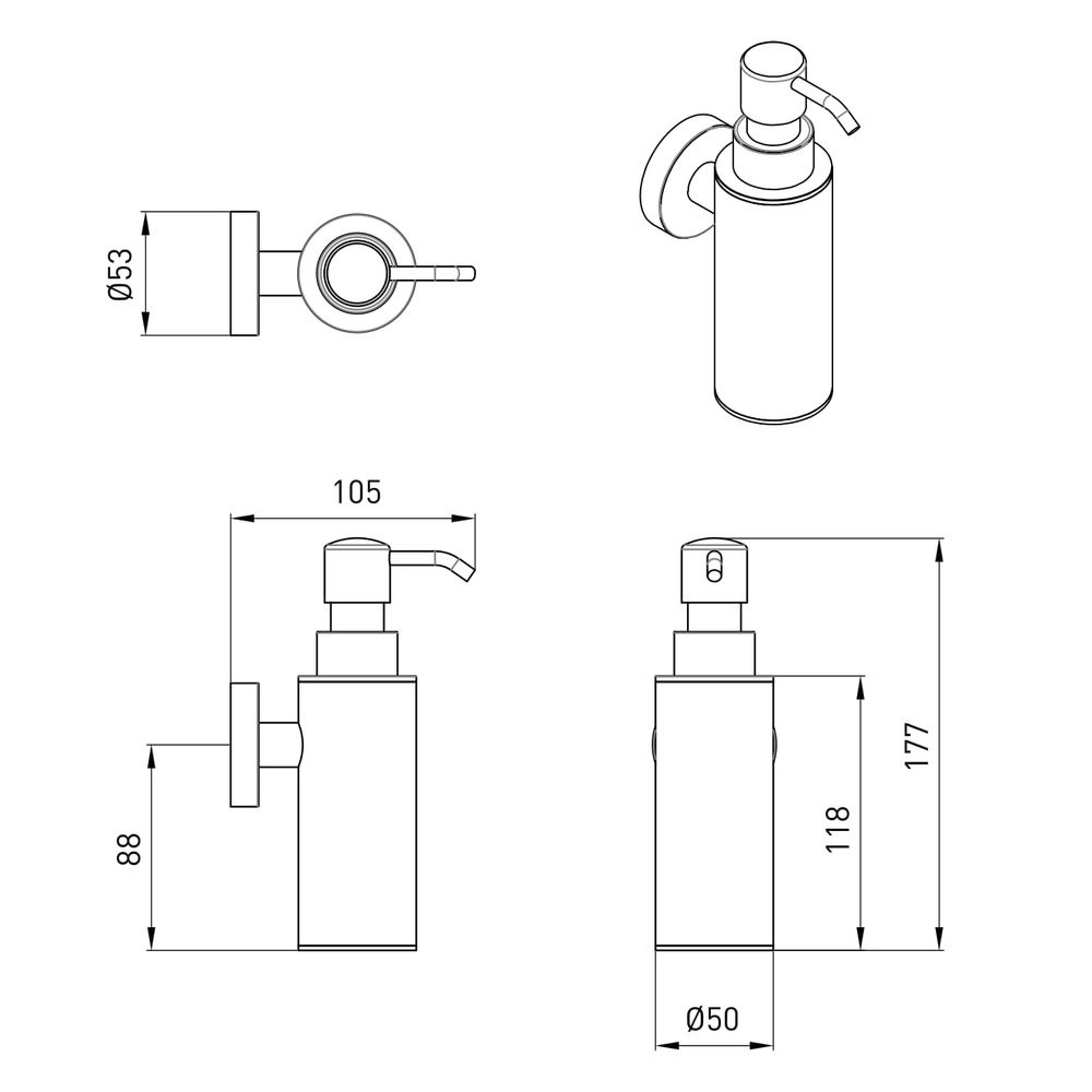 Дозатор для жидкого мыла VOLLE RONDA 2535.230201 настенный на 230мл округлый из нержавеющей стали хром
