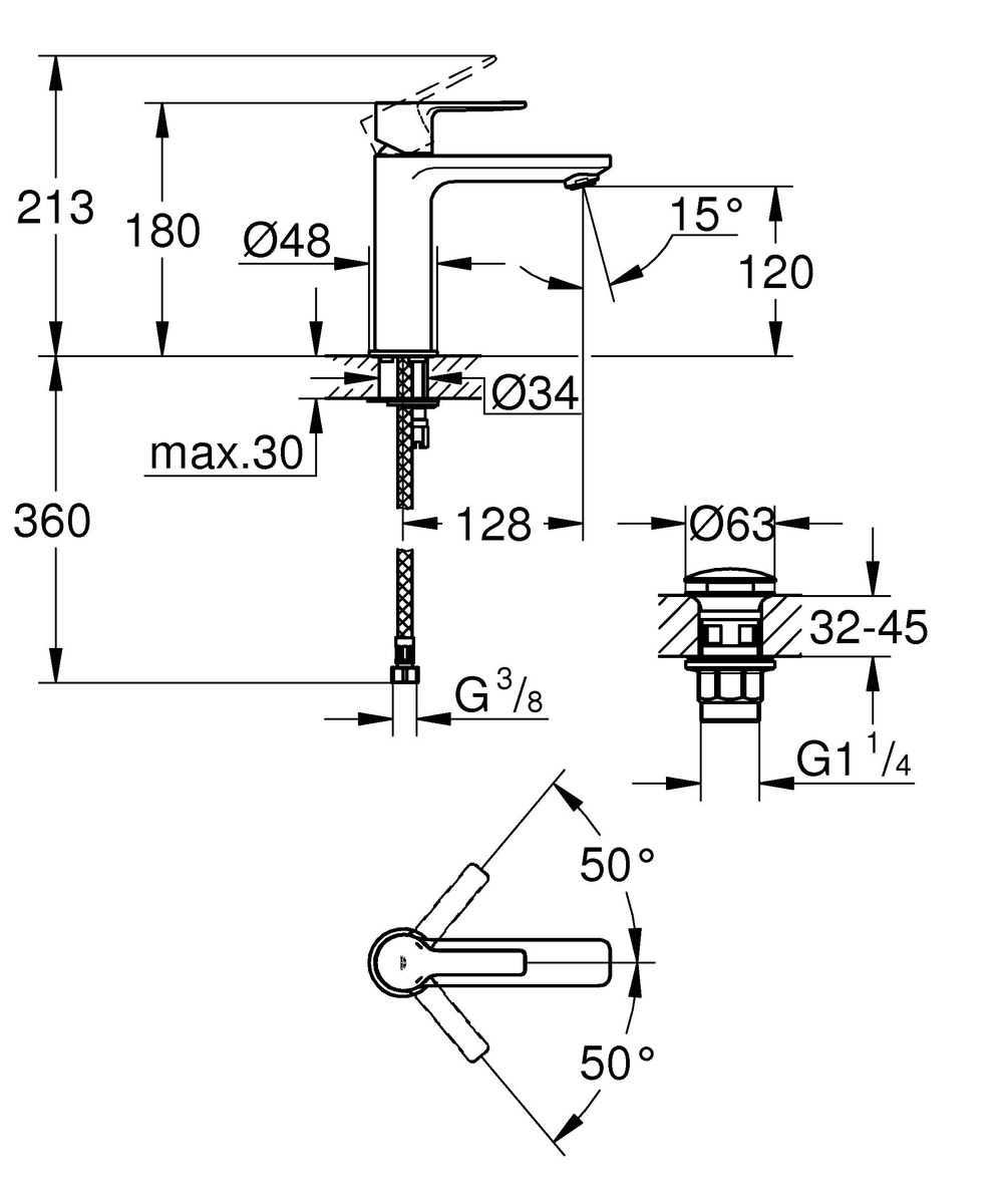 Змішувач для умивальника одноважільний GROHE Lineare хром латунь з натискним донним клапаном 23106001