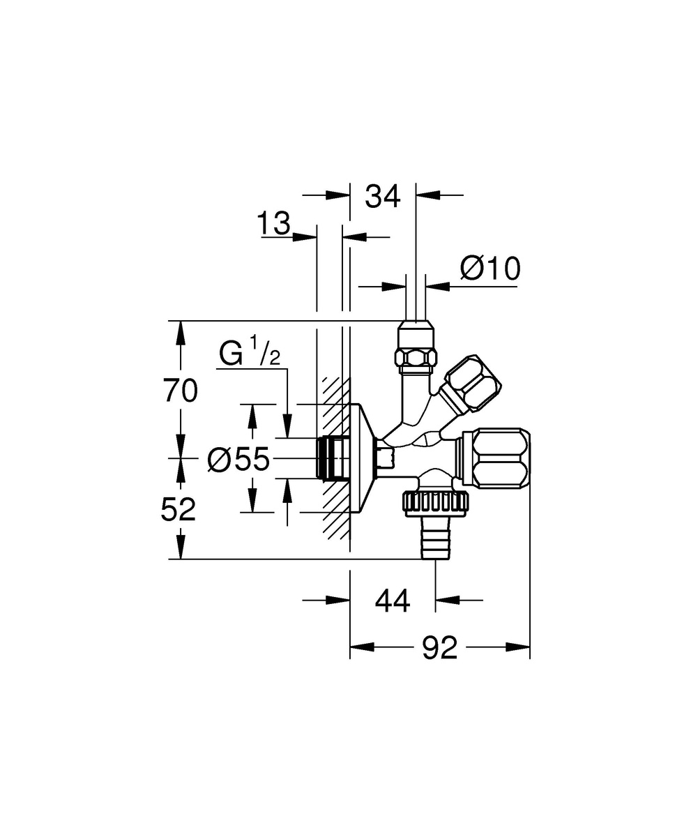 Вентиль запорный бытовой GROHE Original WAS® 22036000 угловой 1/2"х3/4"х3/8" нр-нр-нр CV032156