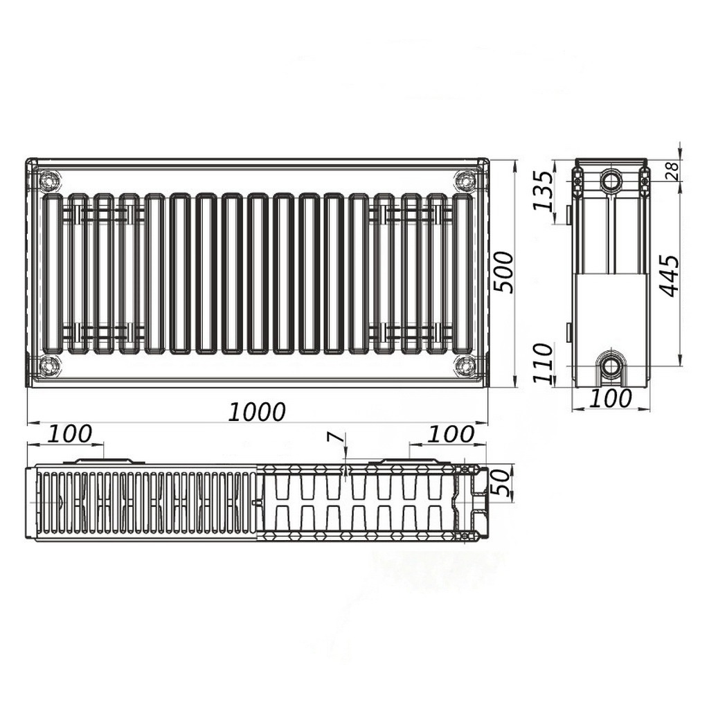 Стальной панельный радиатор отопления KALITE 500x1000 мм боковое подключение класс 22 000022320