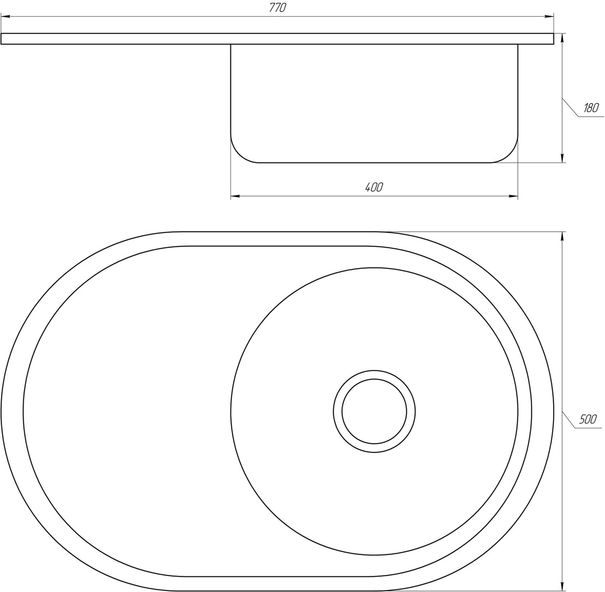 Мийка на кухню нержавейка овальна MIRA 500мм x 770мм мікротекстура 0.6мм із сифоном 000021095