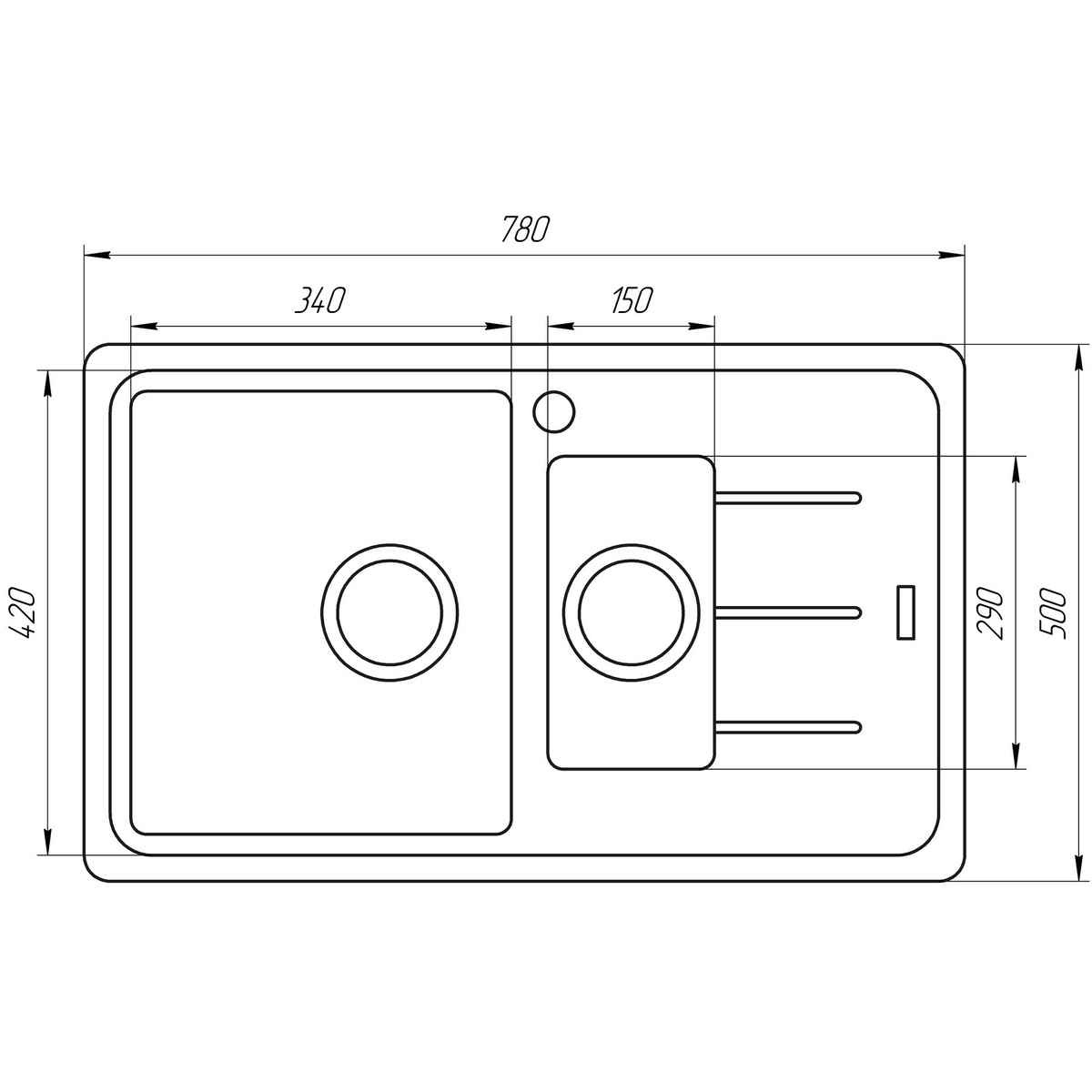 Раковина на кухню гранитная прямоугольная GLOBUS LUX IZEO 500мм x 780мм бежевый на полторы чаши без сифона 000000941