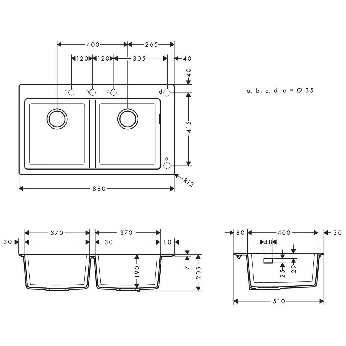 Мойка для кухни гранитная прямоугольная HANSGROHE S51 880x510x205мм без сифона на две чаши серая 43316380