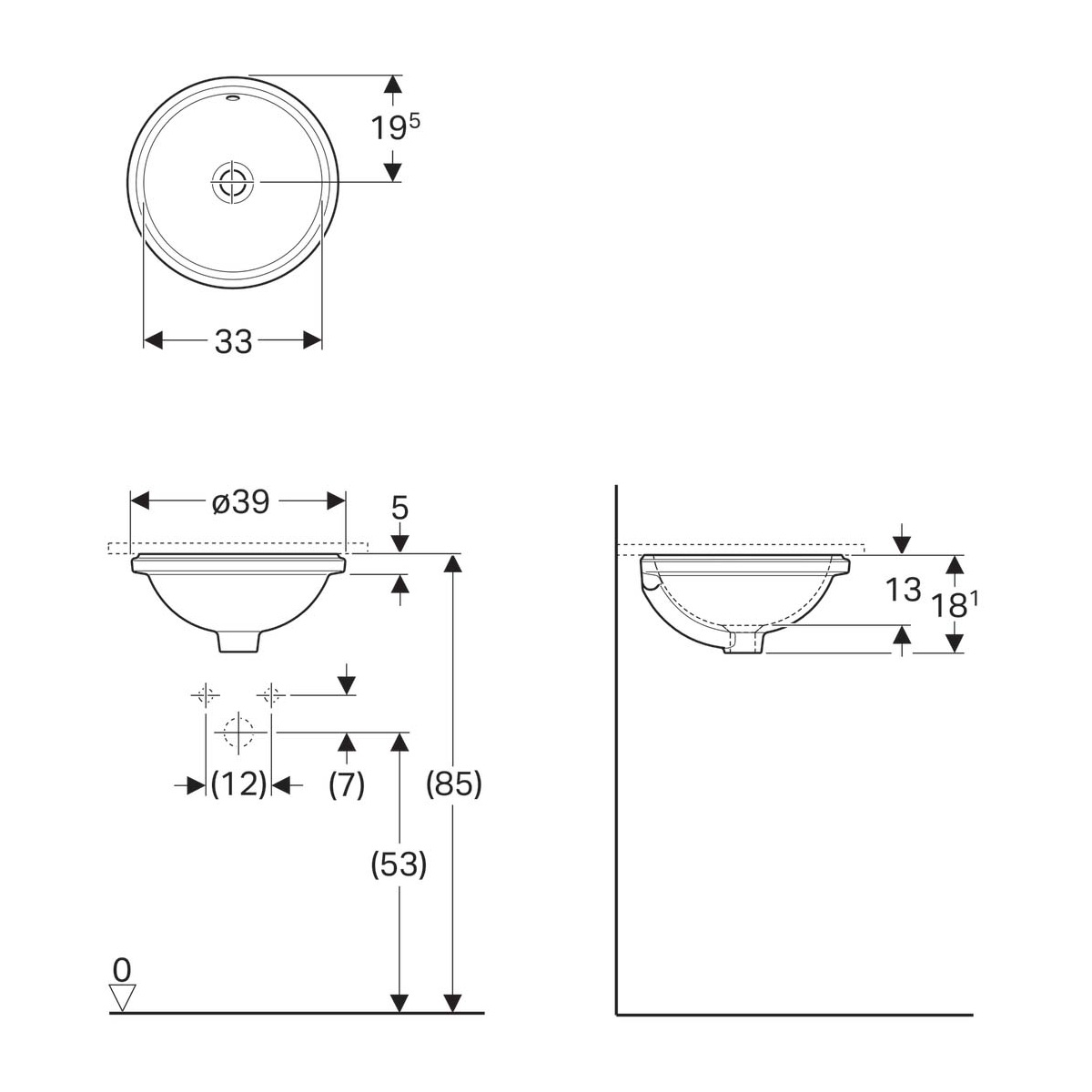 Раковина врізна для ванної під стільницю 390мм x 390мм GEBERIT VariForm білий кругла 500.745.01.2