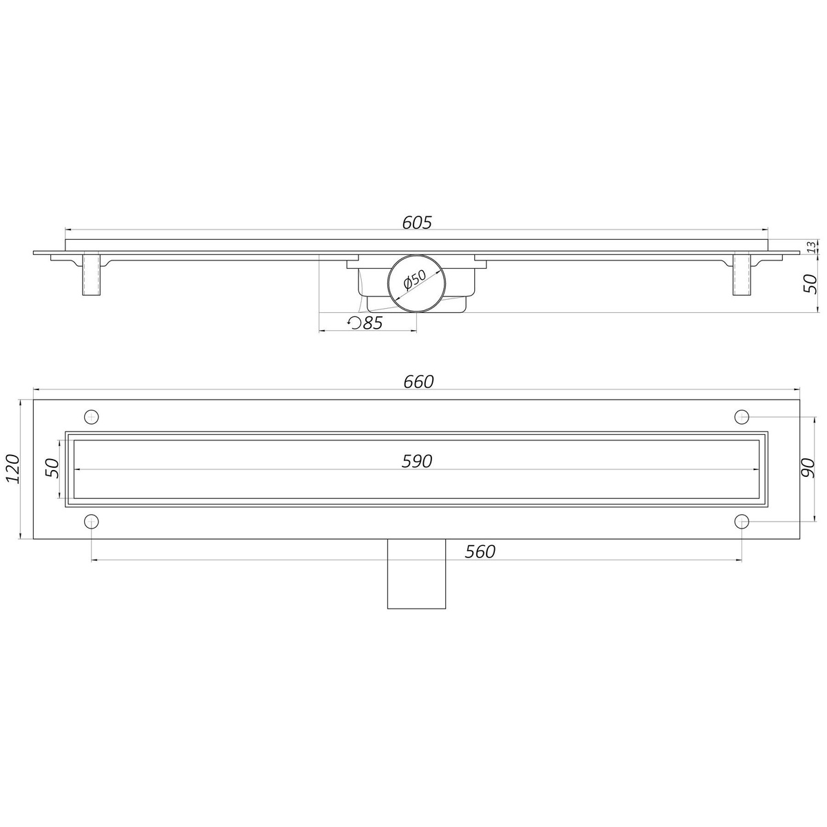 Трап линейный для душа TILLO TM009-60C 600мм с сухим затвором сатин 000021632