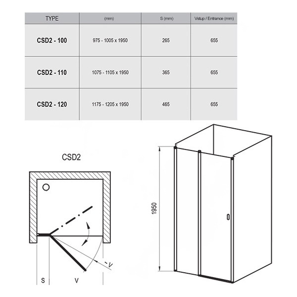 Двері скляні для душової ніші універсальні розпашні двосекційні RAVAK CHROME CSD2-110 195x110см прозоре скло 6мм профіль сатин 0QVDCU00Z1