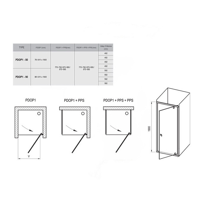 Двері скляні для душової ніші універсальні поворотні RAVAK PIVOT PDOP1-80 190x80см прозоре скло 6мм профіль чорний 03G40300Z1