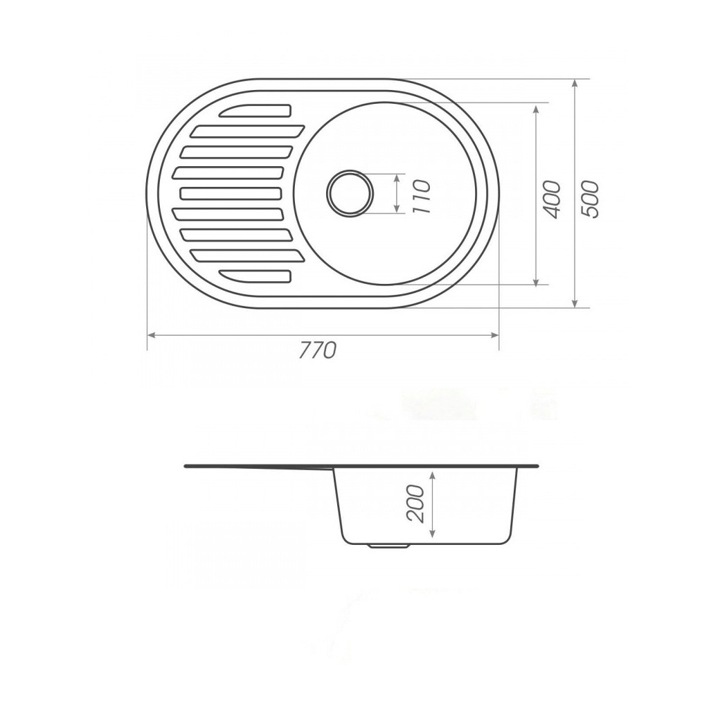 Мийка для кухні гранітна овальна PLATINUM 7750 LIRA 770x500x200мм без сифону чорна PLS-A40774