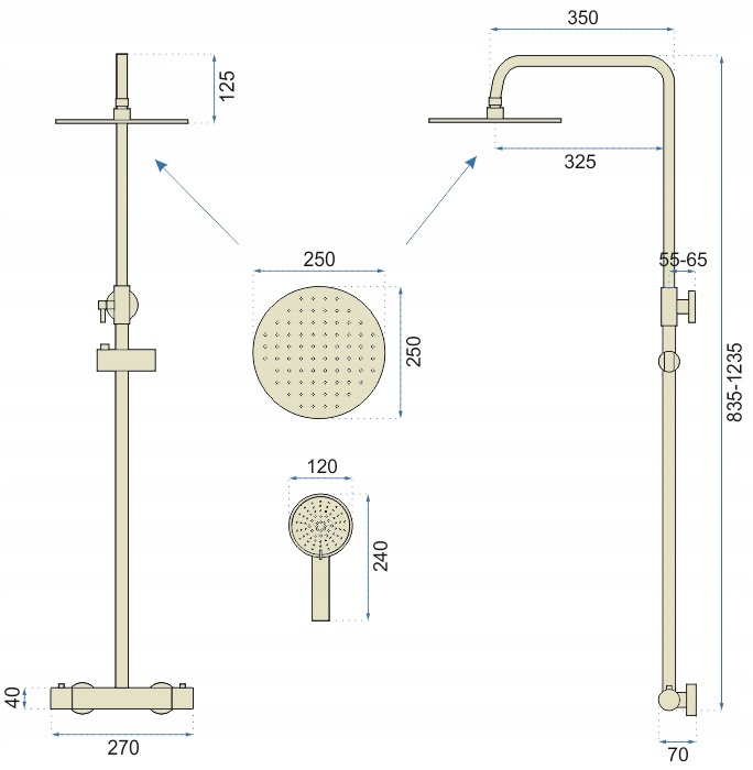 Душевая система с термостатом REA VINCENT с верхним душем латунная золото REA-P6602
