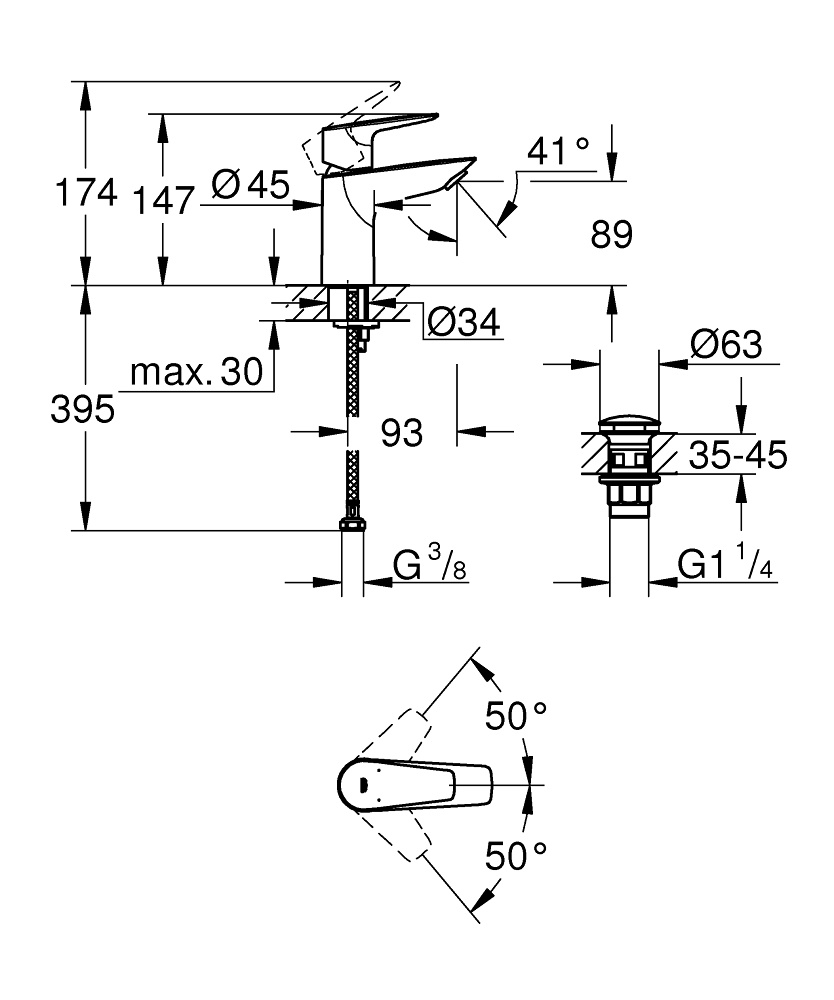 Змішувач для умивальника одноважільний GROHE StartEdge хром латунь з донним клапаном 24199001