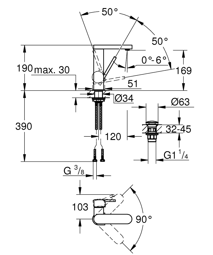 Змішувач для умивальника одноважільний GROHE Plus хром латунь з донним клапаном 23872003
