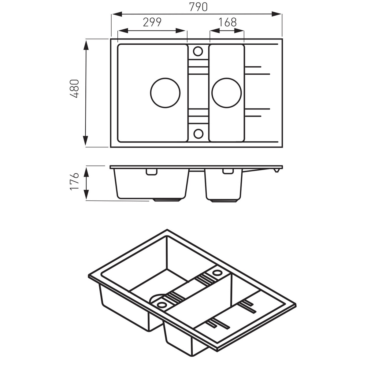 Мойка для кухни гранитная прямоугольная FERRO Mezzo II 790x480x176мм с сифоном на полторы чаши серая DRGM3/48/79GA