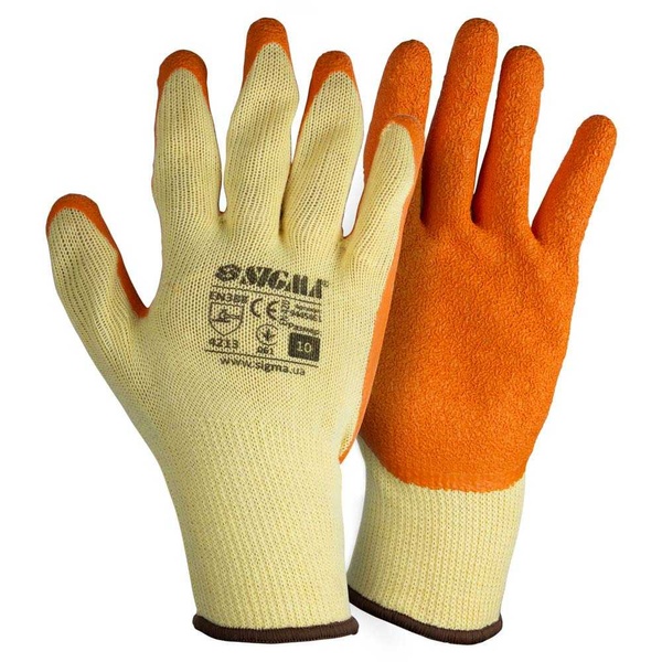 Перчатки трикотажные с частичным латексным покрытием кринкл р10 (оранжевый, манжет) SIGMA (9445461)