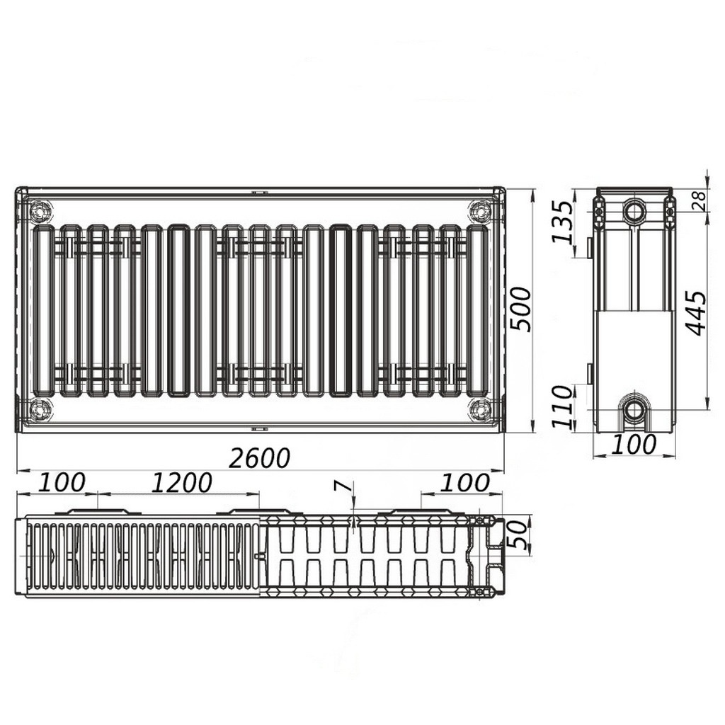 Стальной панельный радиатор отопления KALITE 500x2600 мм боковое подключение класс 22 000022332