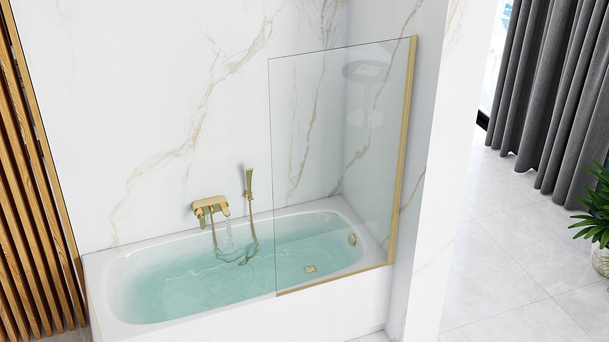 Шторка скляна для ванної універсальна 140x80см REA ELEGANT скло прозоре 5мм профіль золотий REA-W6601