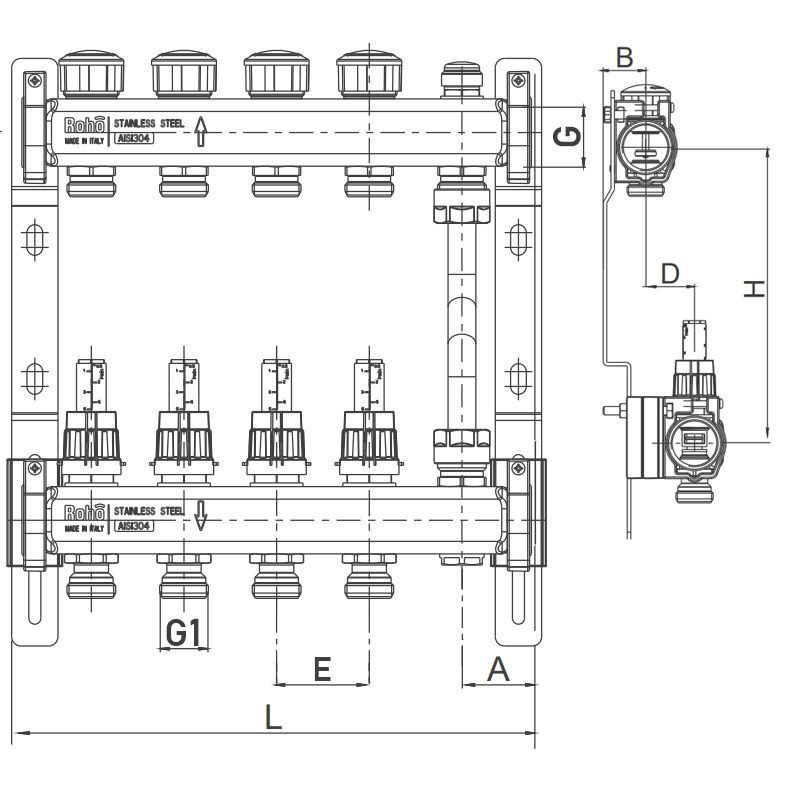Колектор для теплої підлоги ROHO 4 контури з витратомірами 1"/3/4" R814 RO0047