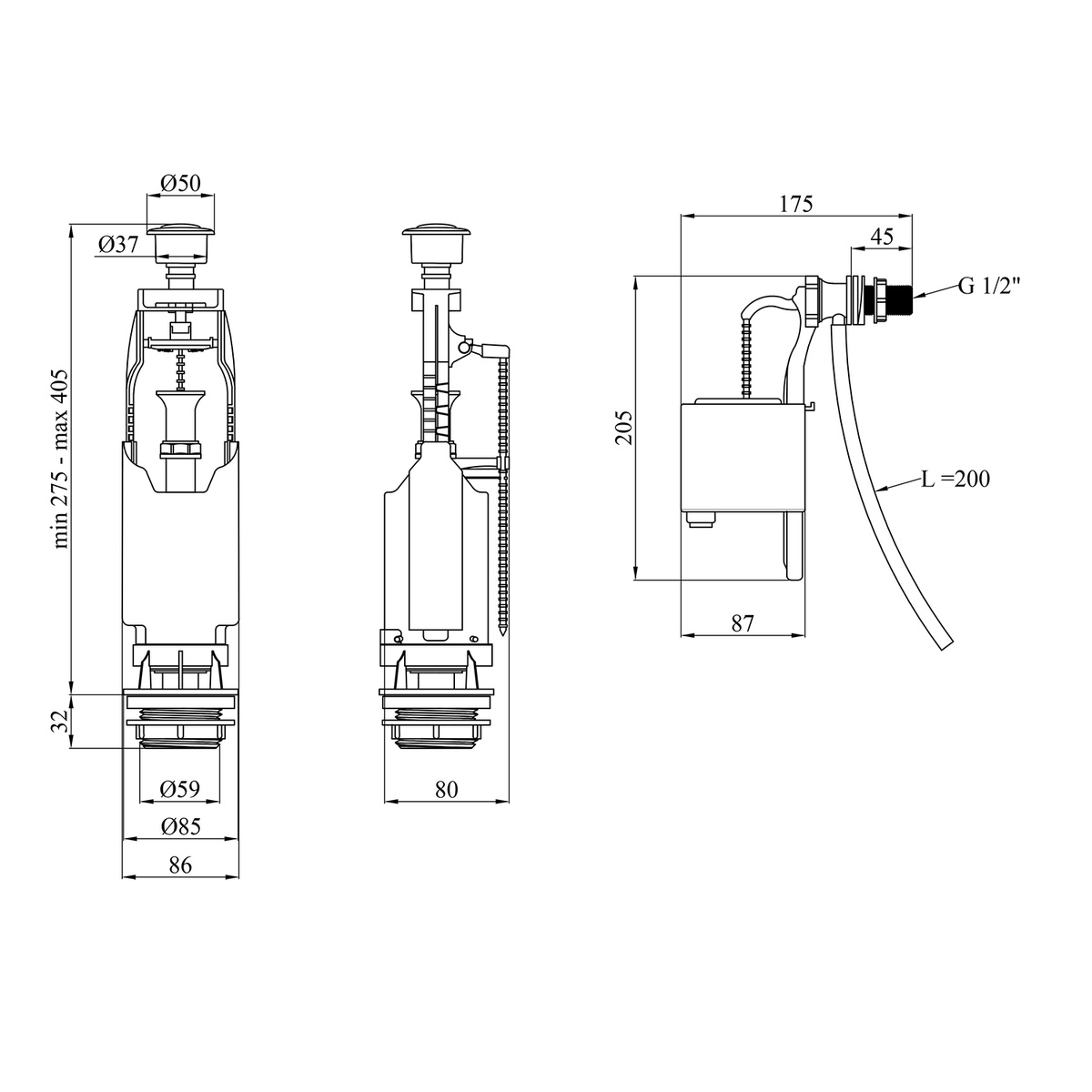Комплект арматуры для бачка унитаза KRONER KRP-KIT6854 подключение 1/2" боковой подвод воды CV032083