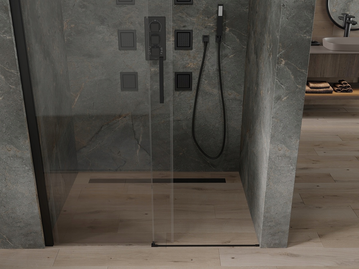 Двері для душової ніші MEXEN Omega скляні розсувні двосекційні 190x140см прозорі 8мм профіль чорний MEX-825-140-000-70-00