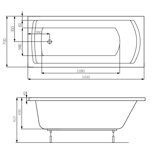 Ванна акриловая прямоугольная ROCA LINEA 160см x 70см оборачиваемая с ножками A24T018000