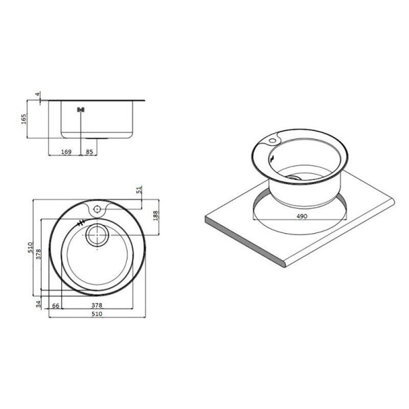 Раковина на кухню сталева кругла APELL 510мм x 510мм мікротекстура 0.7мм із сифоном CIVIFRIAC