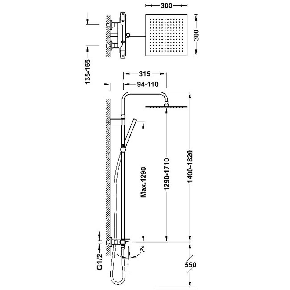 Душова система із термостатом TRES OWER-WALL із верхнім душем та виливом латунна хром 19031205