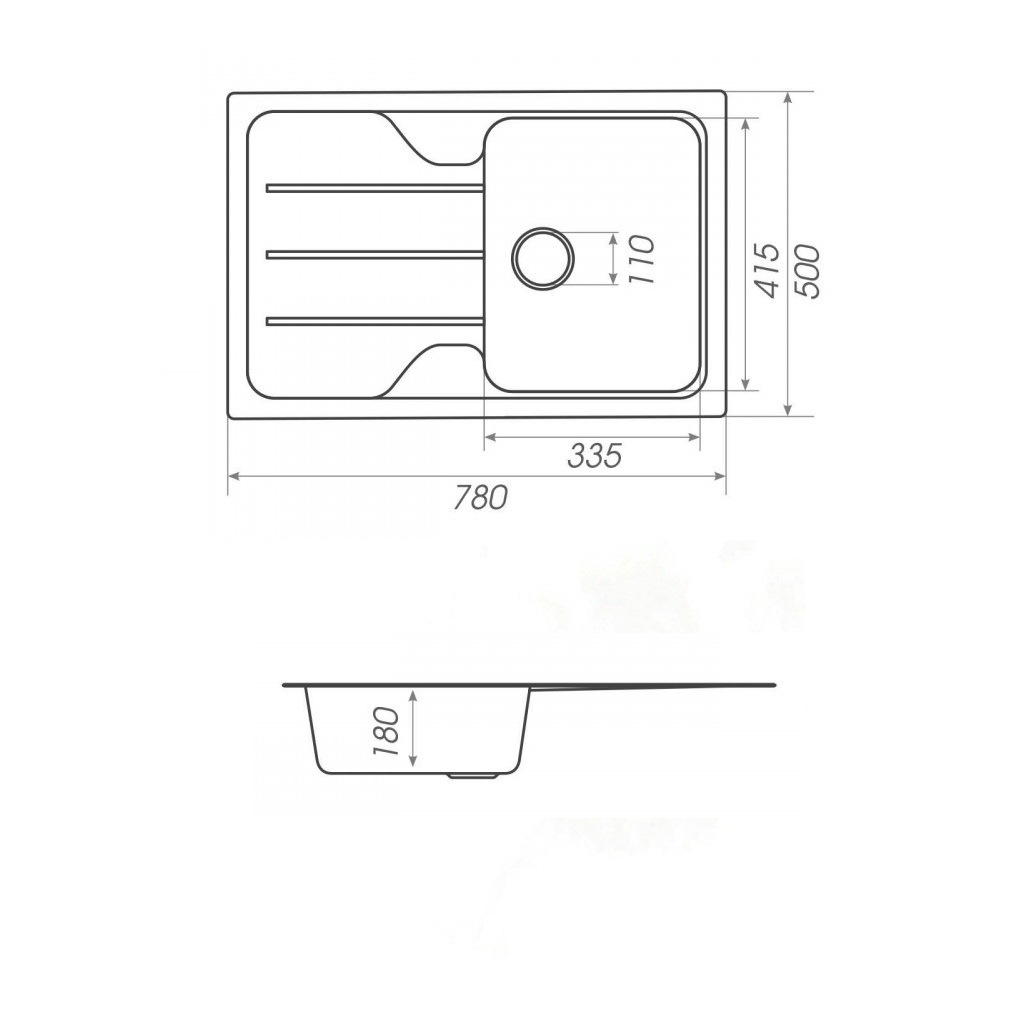 Мойка для кухни гранитная прямоугольная PLATINUM 7850 VERONA 780x500x180мм без сифона черная PLS-A27553