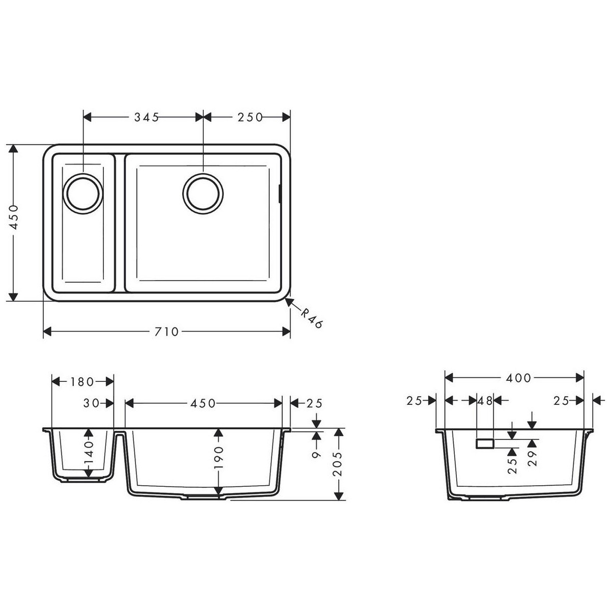 Мойка для кухни гранитная прямоугольная HANSGROHE S51 710x450x205мм врезная под столешницу без сифона на полторы чаши черная 43433170